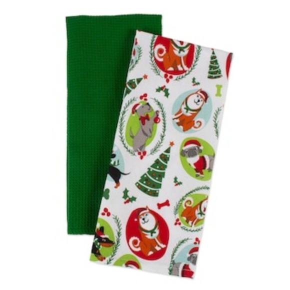 Set of 2 pairs of pet cat & dog Christmas Xmas holiday kitchen towels decor - Picture 2 of 12